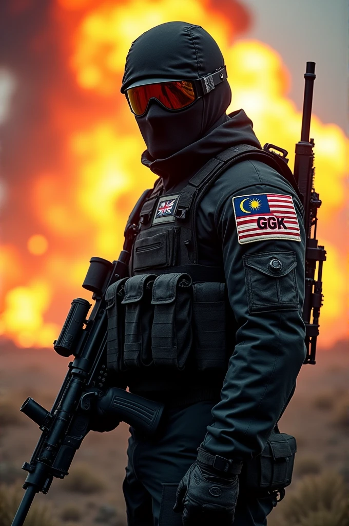 Army special forces in fully black uniform and masked face with glasses. Holding a rifle with fire and bombing behind him. Path Malaysia flag on his arm and GGK infront of his uniform
