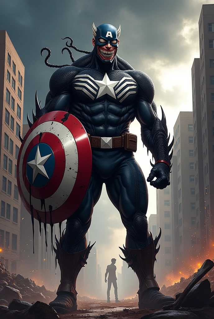 Draw a super fusion of Venom and Captain America。