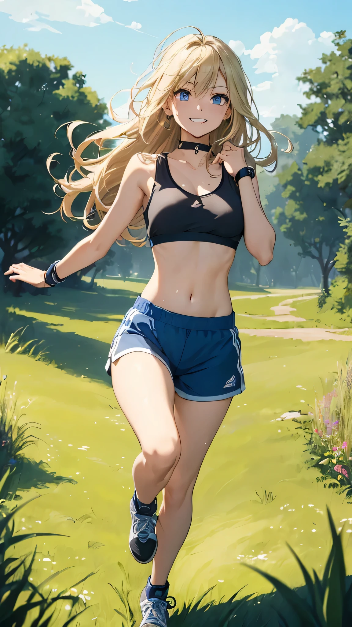 最high quality、Best image quality、masterpiece、woman((18-year-old、Sportswear、Black sports bra、Blue shorts、Best Bust、Bust 85、Blonde、Long Hair、blue eyes、Open your chest wide、valley、happiness、Black wristband on wrist、Slender、smile、耳Nipple Ring、running、The wind is blowing、sweating、Hunchback))high quality、Visual Arts、background((grassland、Grass path))、Tabletop、
