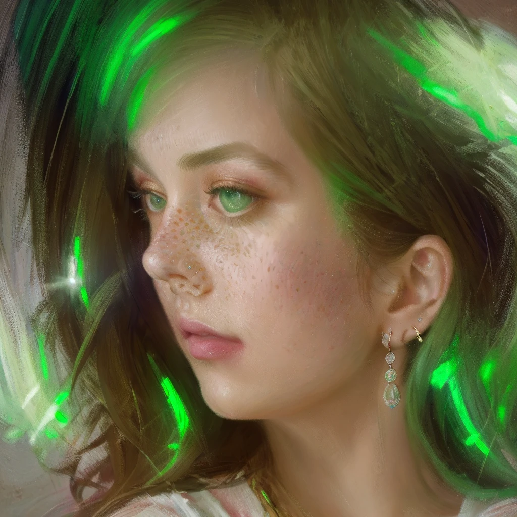 close-up shot of an adult woman named Katrai Sezanne, with medium long blonde hair, simmetric (green) eyes, (freckles), big glossy lips, diamond earrings, beautiful lights, iper-realistic, masterpiece, cinematic lighting, best quality, anatomically perfect.