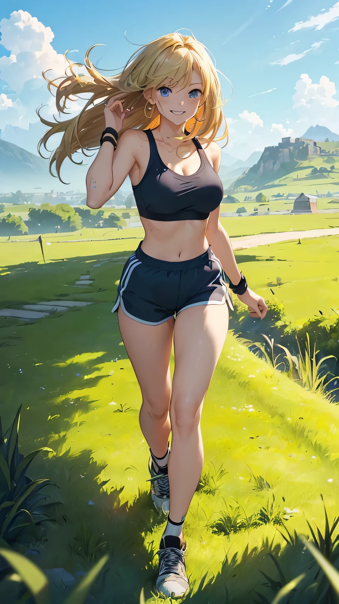 最high quality、Best image quality、masterpiece、woman((18-year-old、Sportswear、Black sports bra、Blue shorts、Best Bust、Bust 85、Blonde、Long Hair、blue eyes、Open your chest wide、valley、happiness、Black wristband on wrist、Slender、smile、耳Nipple Ring、running、The wind is blowing、sweating、Hunchback)）high quality、Visual Arts、background((grassland、Grass path))、Tabletop、