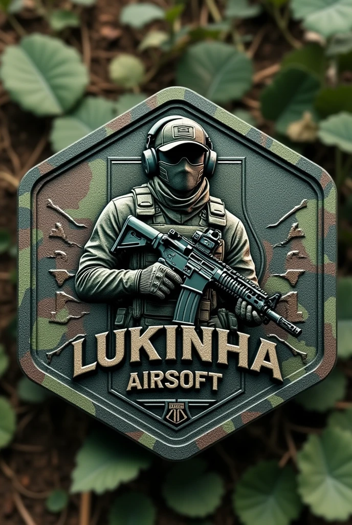 Clichê Patch emborrachado hexagonal, fundo camuflado,brasão militar com o nome Lukinha Airsoft, operador portando um rifle m4 de boné e headfone