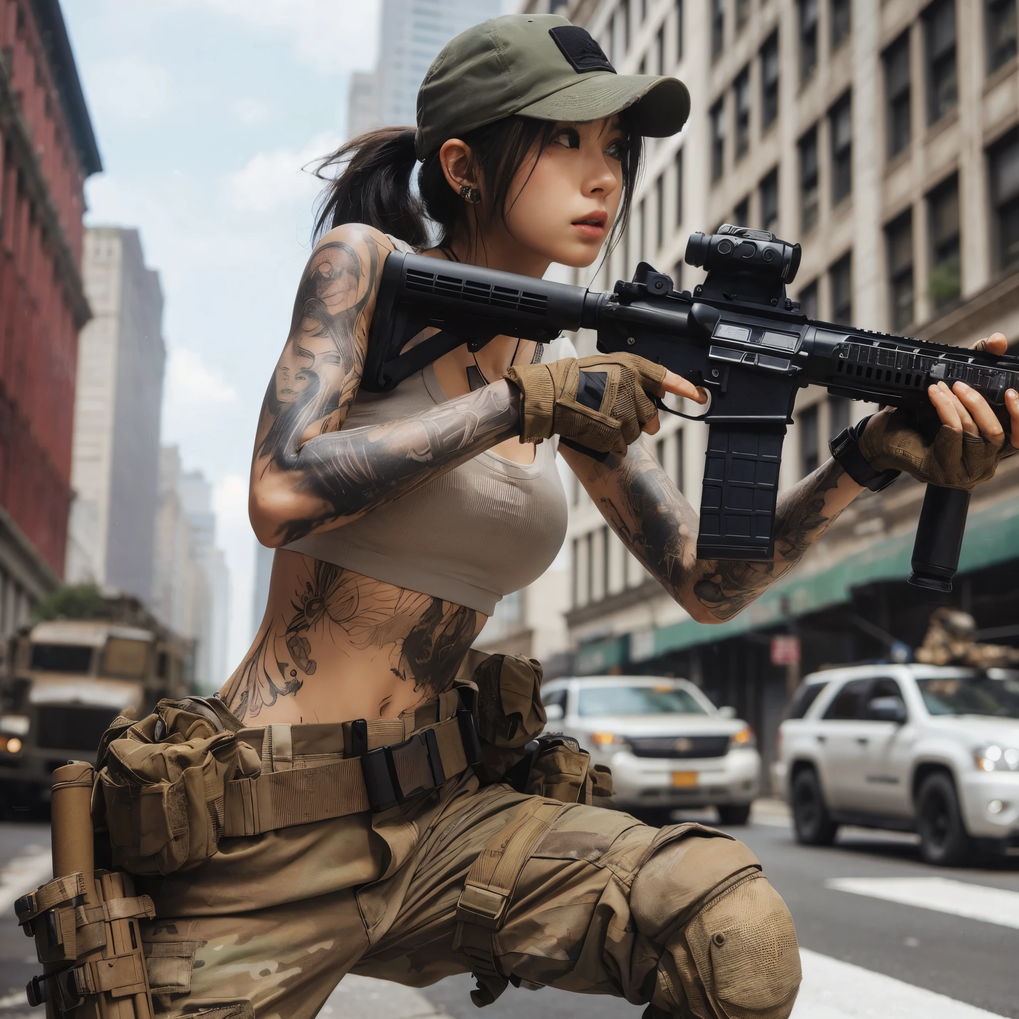 8k,Realistic Photo、Realistic Skin Texture、Superrealism、Japanese women in the U.S. military、Tattoo、cap、tactical pants、Short sleeve shirt、Beauty、American cityscape、Old building、Automatic rifle、Heavy equipment、Covered in scars、It is dirty、muscle、The background is out of focus、While avoiding gunfire aimed at the vehicle、Desperate look、Dramatic composition、action、Fierce Battle、Hold on、Ace