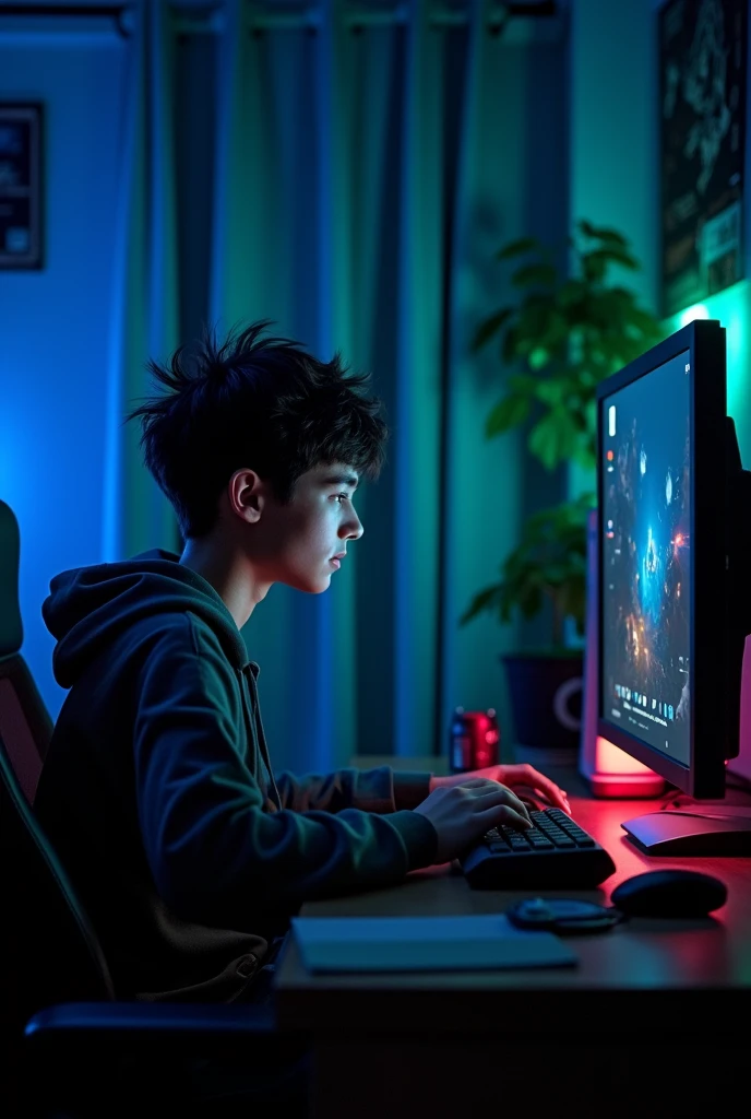A seventeen-year-old guy with thick black hair plays on the computer in his dark room with the curtains closed.