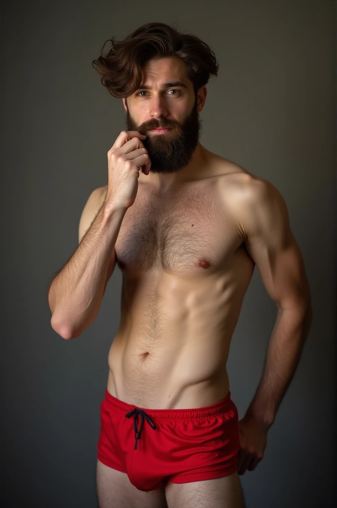 Cute bearded boy in boxers touching himself 