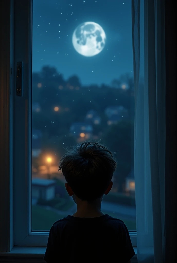 Boy standing in window at night
