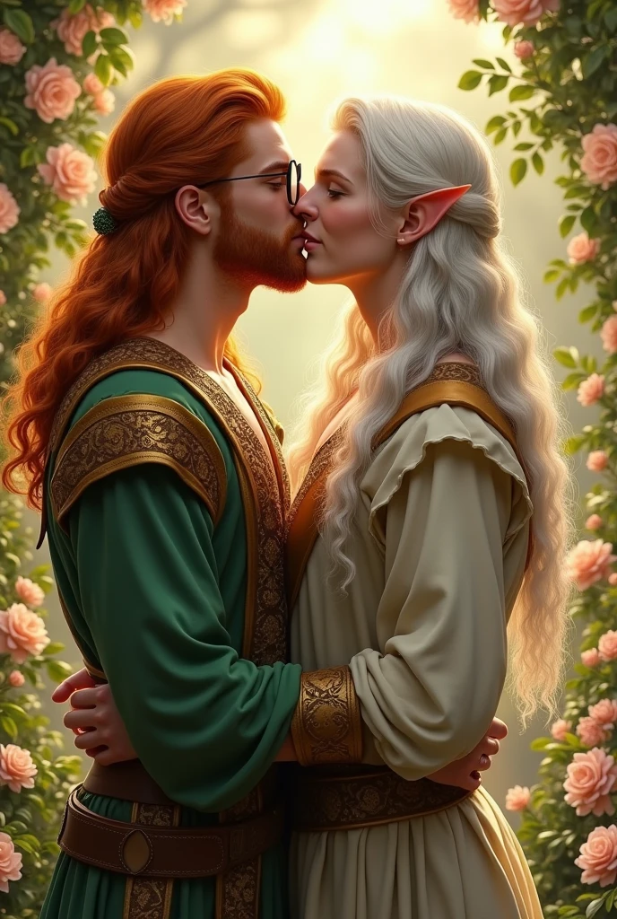 two males kissing. Gay men. one is ginger-haired renaissance prince, with long hair and a short beard, round glasses, green and brown clothing, a kind smile, soft muscular body type. The other is lean but muscular, has long white hair and pointed ears.