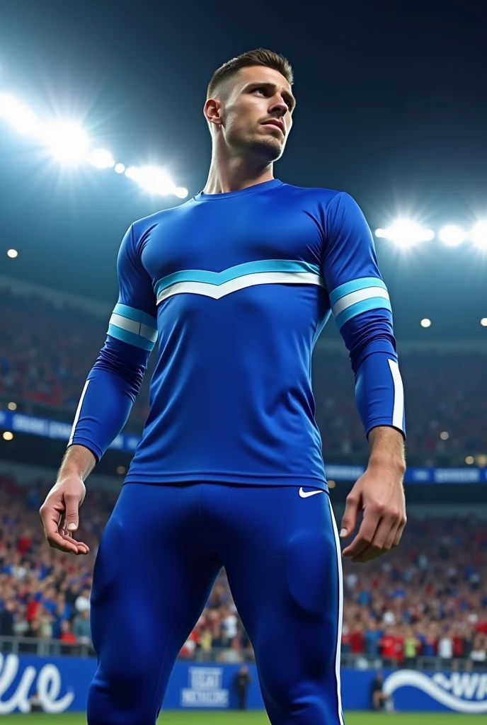 Create a men&#39;s cheer uniform with royal blue colors, light blue and white, With pants 