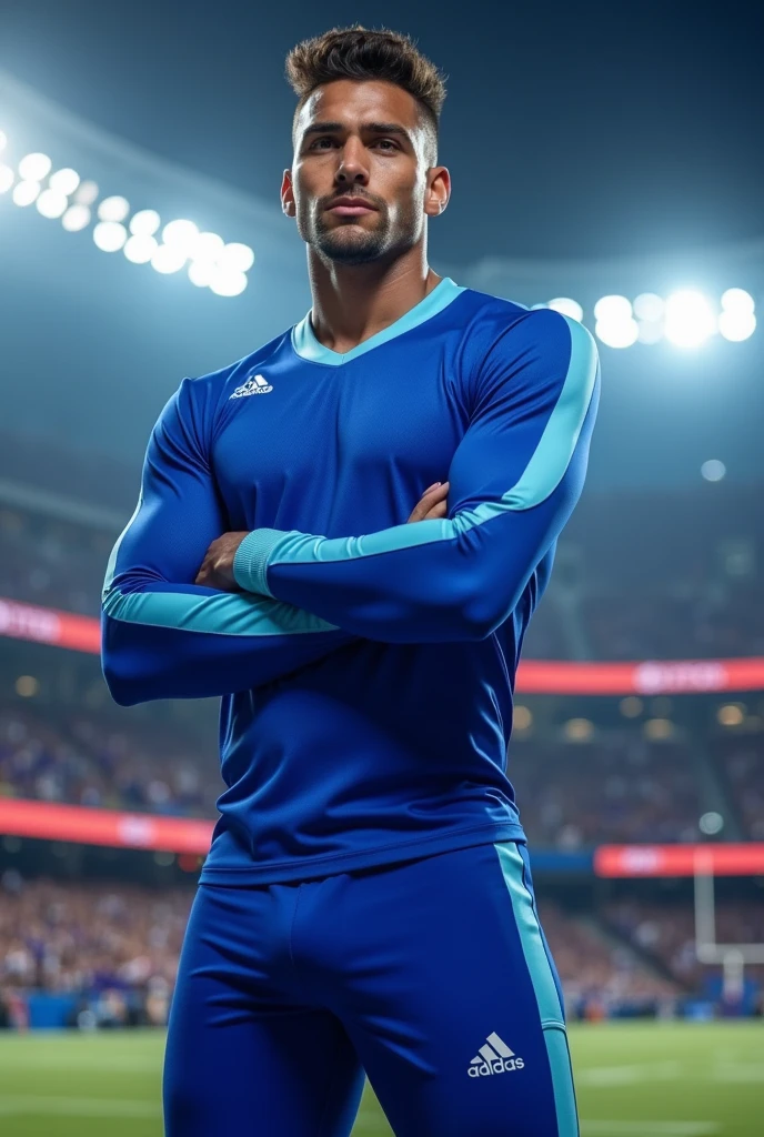 Create a men's cheer uniform with royal blue colors, light blue and white, With pants