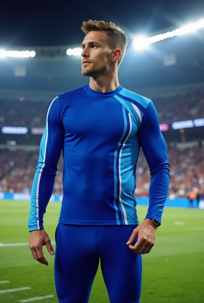 Create a men's cheer uniform with royal blue colors, light blue and white, With pants