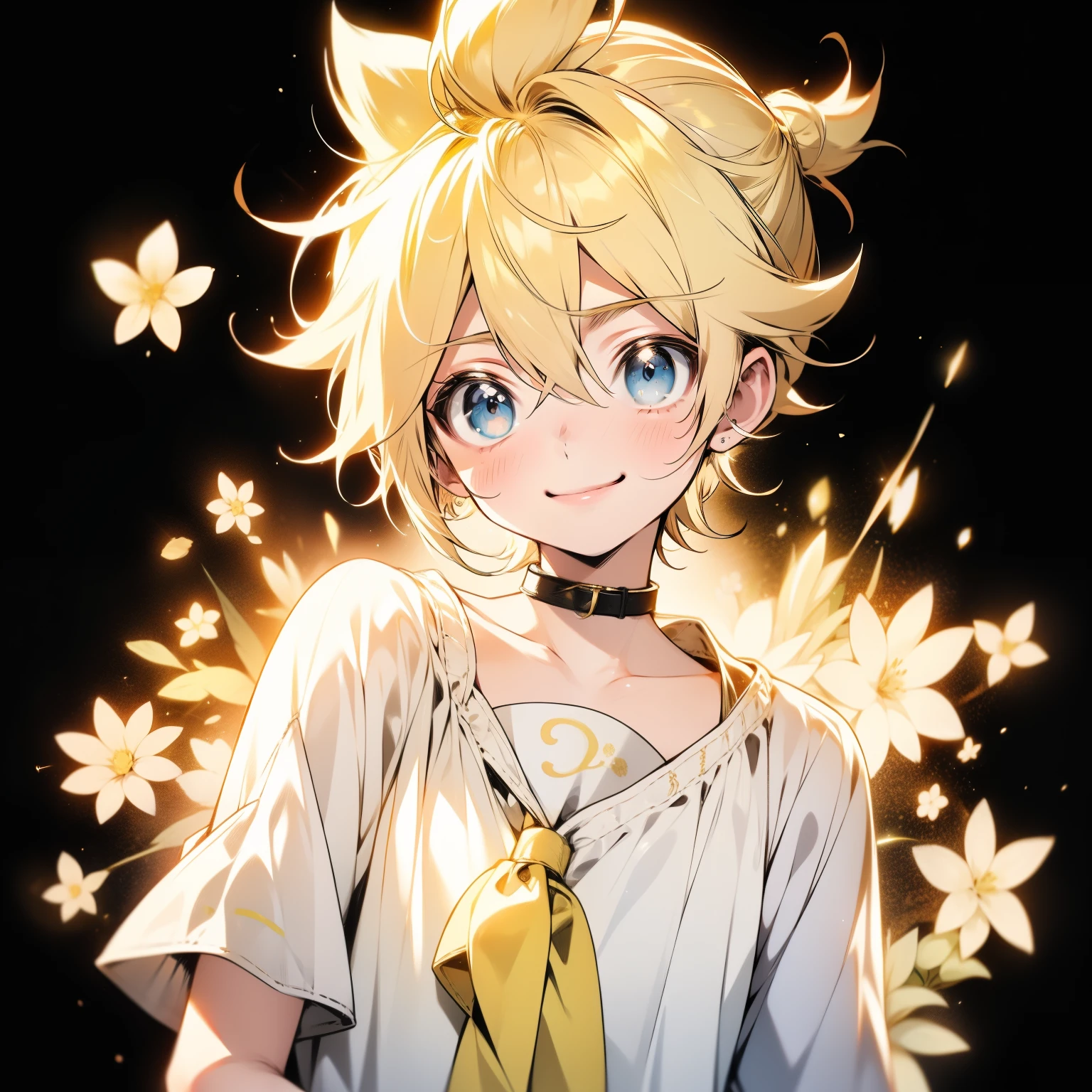 Kagamine Len, Upper Body, smile, blush, Pause, whole body, Floral Background
