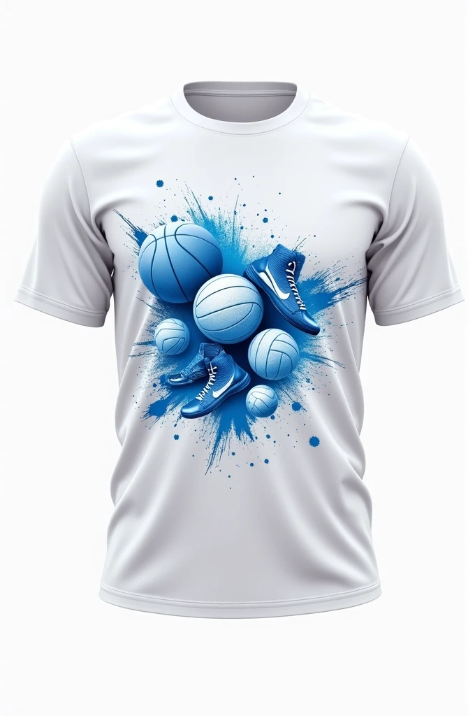 Make me a white shirt and the design infront is for our intramurals and thw theme is blue. The sports are basketball,volleyball,running,soccer. Make the design more interesting.