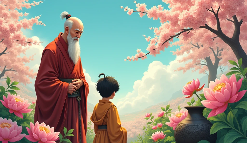 Old chinese monk master standing with his young monk desciple at beautiful garden and they are watching beautiful flowers, in anime style, the pot placed at the edge of a flower bed,