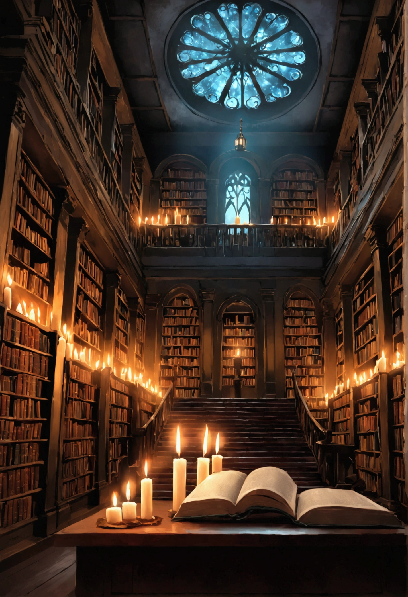 haunted library, with many dark spirits and souls, with some withe spirits, with books and a few candles
