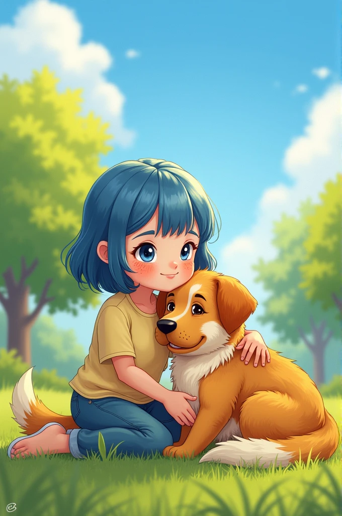 An illustration of a young girl, white, with freckles, cabelos azuis curtos, being comforted by her pet ( a 3 year old shepherd dog.