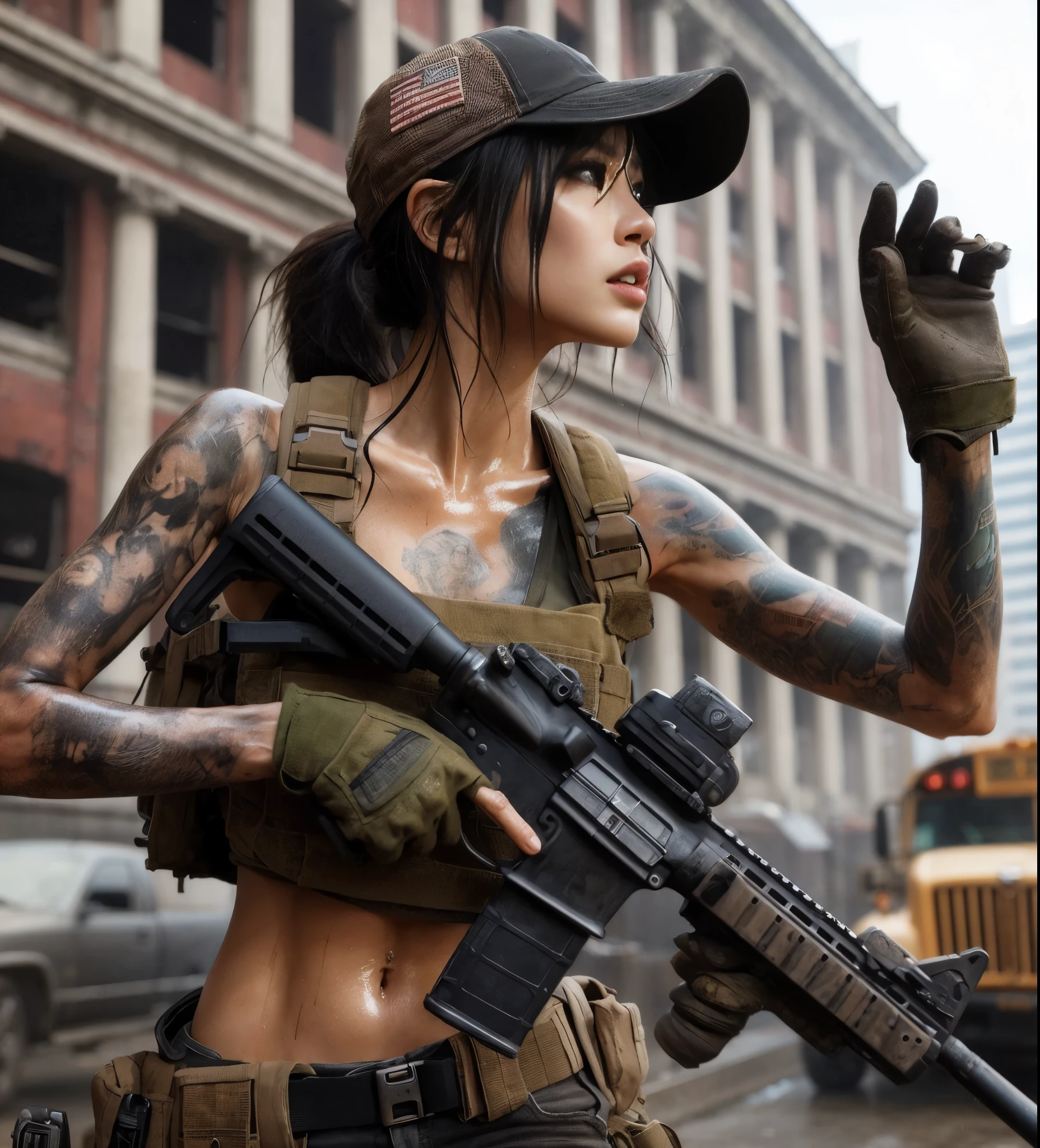 8k,Realistic Photo、Realistic Skin Texture、Superrealism、Japanese women in the U.S. military、Tattoo、cap、tactical pants、Short sleeve shirt、Beauty、American cityscape、Old building、Automatic rifle、Heavy equipment、Covered in scars、It is dirty、muscle、The background is out of focus、While avoiding gunfire aimed at the vehicle、Desperate look、Dramatic composition、action、Fierce Battle、Hold on、Ace