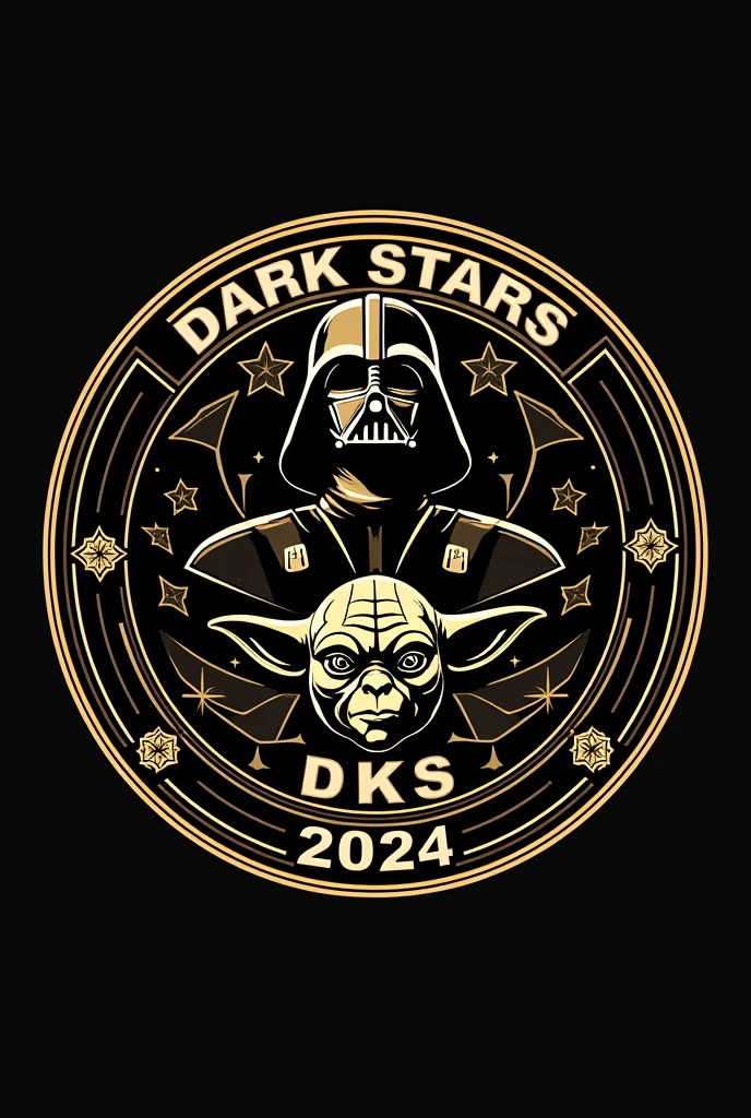 Create a round football (soccer) crest with a **black and gold** color scheme. The main theme should incorporate elements from the **Star Wars** universe, featuring **characters** from the movies. The name "**Dark Stars**" should be prominently displayed at the top, along with the abbreviation "**DKS**" placed centrally or below the team name. Add **golden stars** as additional elements, possibly around the border or integrated with the design. Ensure the **borders are detailed in gold** with intricate patterns, and include the year **2024** subtly within the design. The overall aesthetic should blend the futuristic, iconic look of Star Wars with the traditional feel of a football crest.
