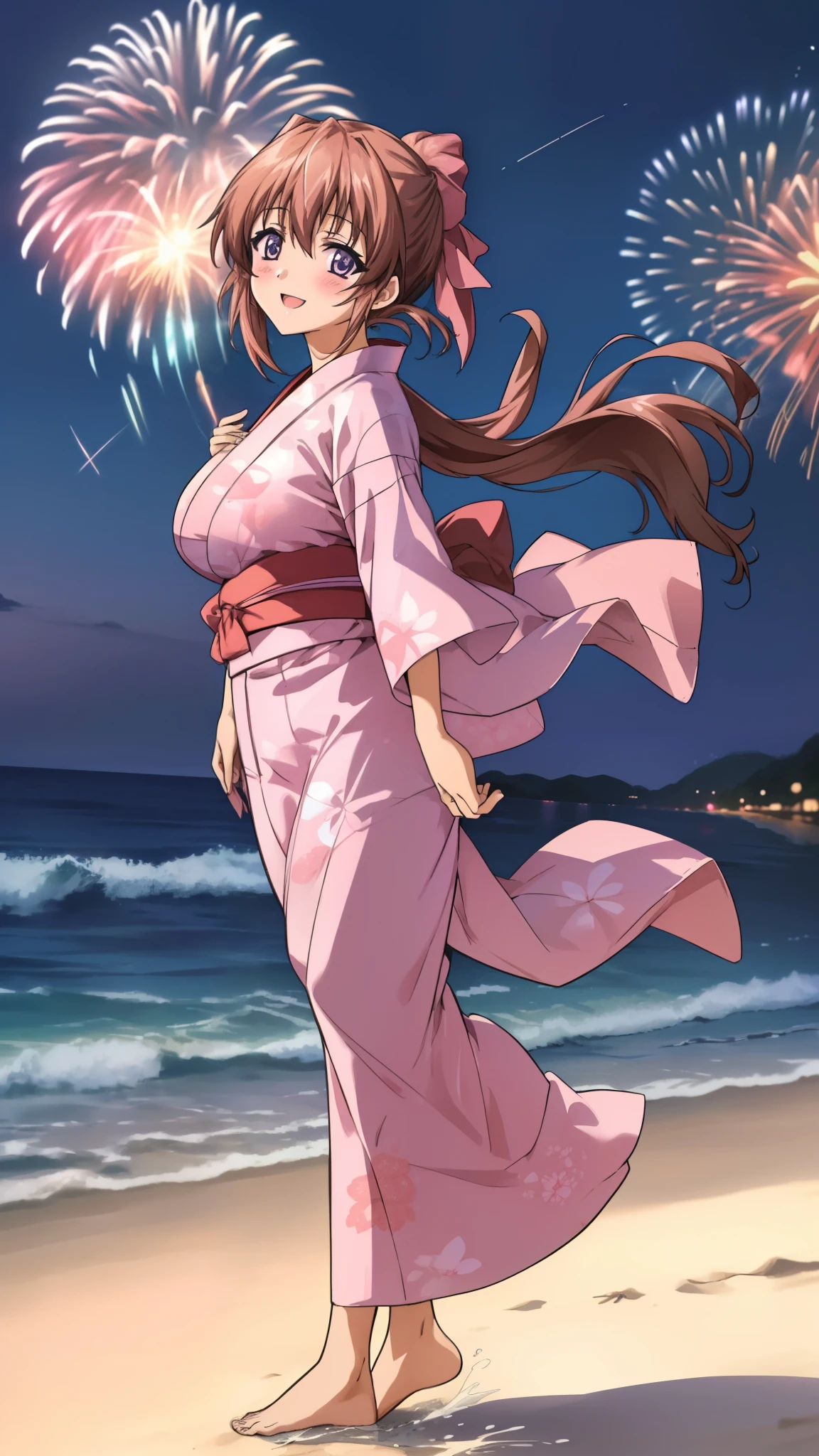 Anime illustration　Aoikan, 1 person, pink yukata, Big Breasts, Hair Ribbon, blush, Cute Smile　Open your mouth, Are standing, (She walked along the beach lit by fireworks at night, touched the water barefoot, and came closest to that smile), barefoot,　Two Arms, (cinematic angle:1.1),
