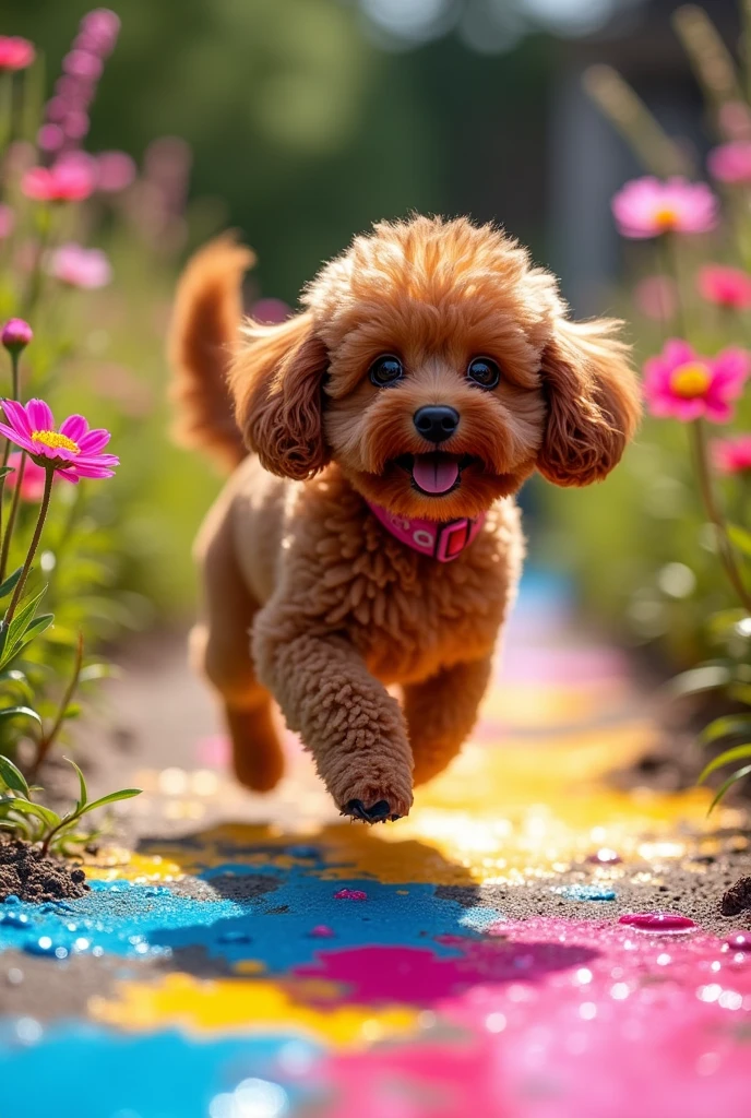 A brown toy poodle playing in a spot splattered with colorful fluorescent ink