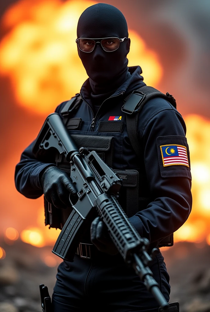 Army special forces in fully black uniform and masked face with glasses. Holding a rifle with fire and bombing behind him. Patch Malaysia flag on his arm and GGK infront of his uniform.
GGK infront and remove Britain fag