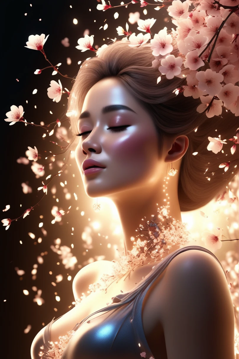 (high resolution), Woman sung, (Romanticized, blossom, rotating lights, light particles, detailded, 8k),