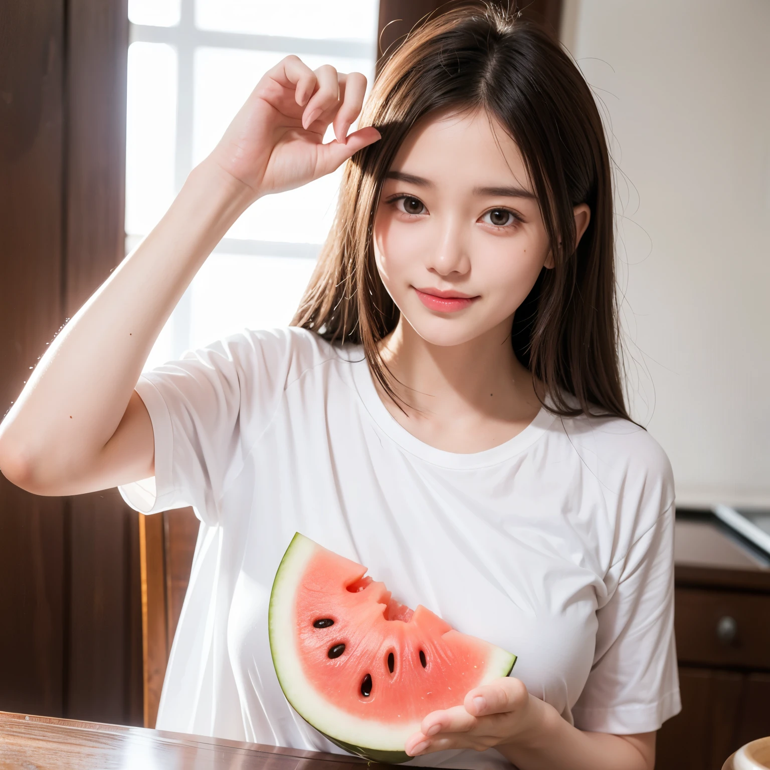 ((best quality)), ((masterpiece)), (detailed), 1 Girl, happy,White T-shirt,eat watermelon,