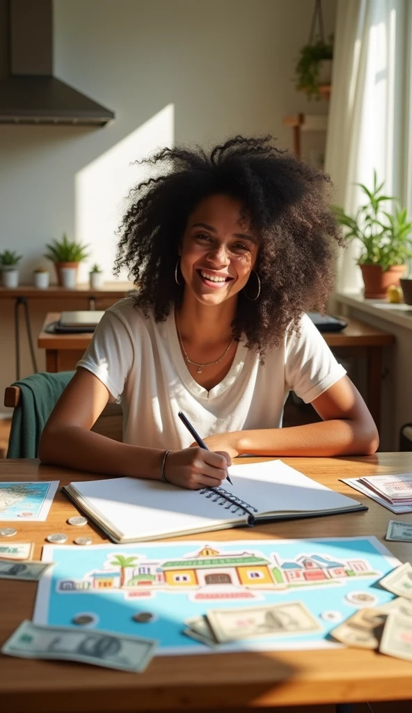 a happy person, carried out, planning life with money on a table, with house drawing, trips