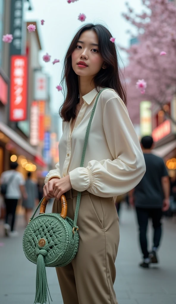 A young sophisticated woman dressed in stylish blouse holding a stylish sage green macrame handbag with a circular bamboo handle. The bag features an intricate knotted pattern forming diamond shapes across its body. It has a tassel detail on one side. Background is a shopping street in Tokyo. 