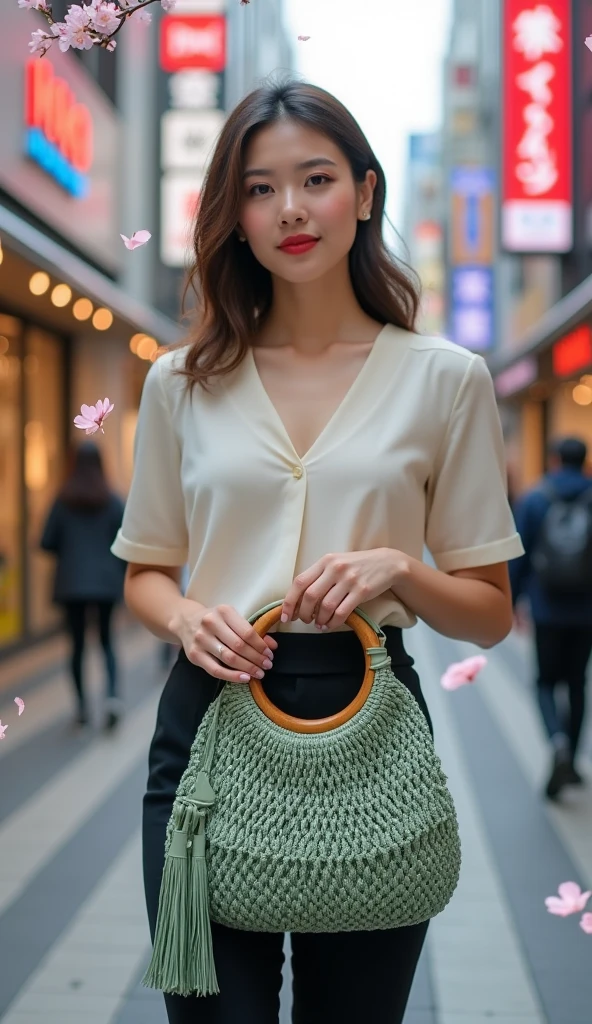 A young sophisticated woman dressed in stylish blouse holding a stylish sage green macrame handbag with a circular bamboo handle. The bag features an intricate knotted pattern forming diamond shapes across its body. It has a tassel detail on one side. Background is a shopping street in Tokyo.