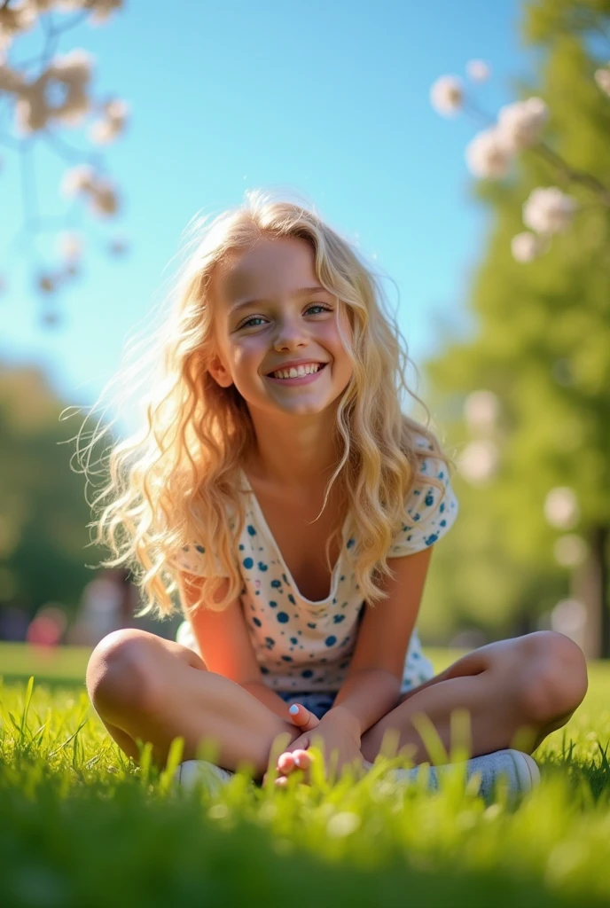 blonde moche prise dans un parc. La photo est prise du dessus. La fille regarde la caméra et fait une pose d'enfant