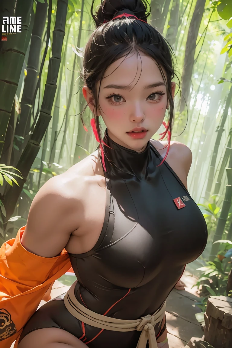 beautiful japanese young woman, wearing spiderwoman armor made of papyrus, thick symmetrical features, very short hair, background is cherry blossoms, pink aura, red lips, octane render,. (Thick thighs:1.2), huge breasts:1.2)