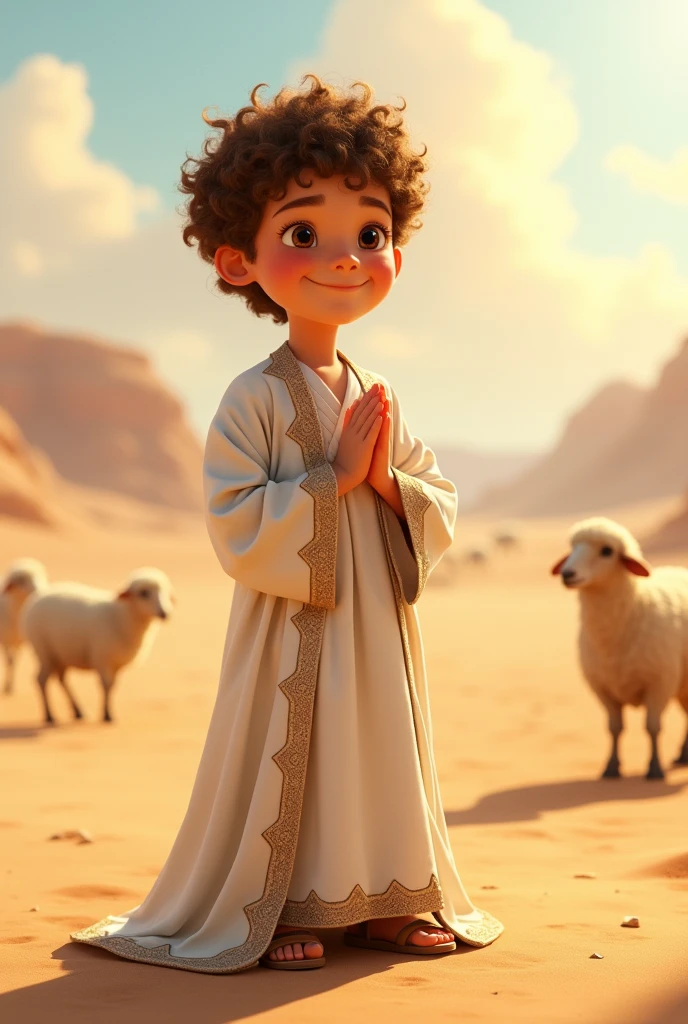 a young jew, Full-body image, (((7 years old))), ((Pixar-style)), ((Caucasian skin)), (((Curly hair))), moreno claro, wearing a white Jewish dress, jewish sandal, happy and welcoming expression, detailed facial features, complex clothing folds, warm lighting, cinematic composition in the desert with sheep nearby, praying on your knees, rewarded photography