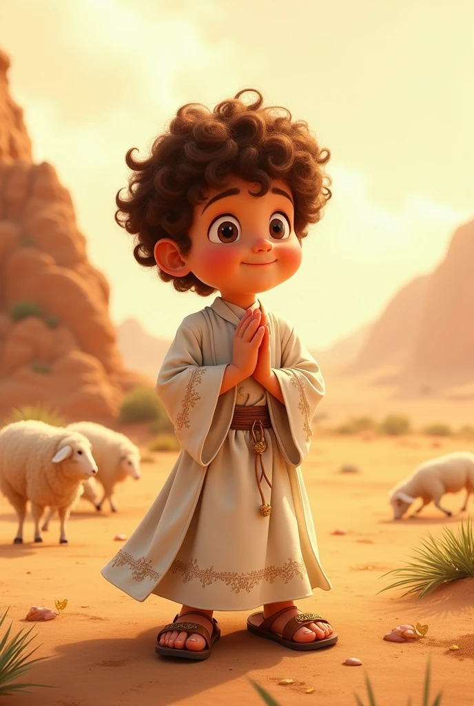 a young jew, Full-body image, (((7 years old))), ((Pixar-style)), ((Caucasian skin)), (((Curly hair))), moreno claro, wearing a white Jewish dress, jewish sandal, happy and welcoming expression, detailed facial features, complex clothing folds, warm lighting, cinematic composition in the desert with sheep nearby, praying on your knees, rewarded photography