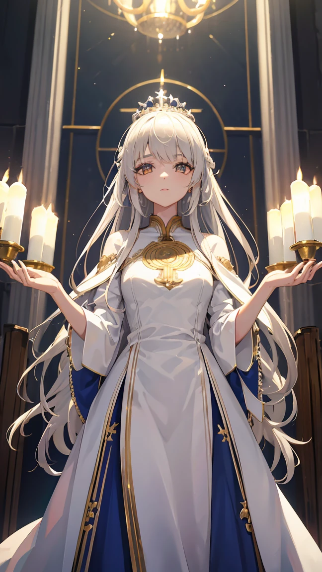 tiara, shiny hair, hair over one eye, Gothic art, ray tracing, super detail, textured skin, masterpiece, accurate, high details, best quality, award winning, highres, A white-haired high priestess, a young and dignified girl, Standing at the altar, looking down on the faithful