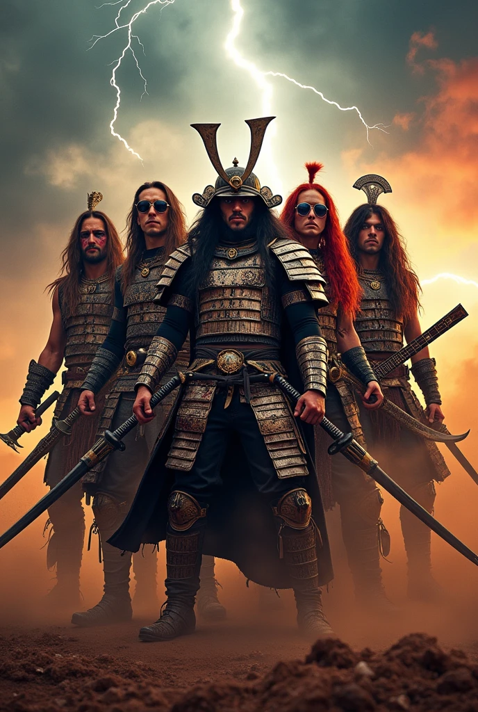 Heavy Metal Band、Album cover photo、Group of 5 men、flashy、makeup、ecstatic、samurai、battlefield、4K、Ultra-realistic、inflammation