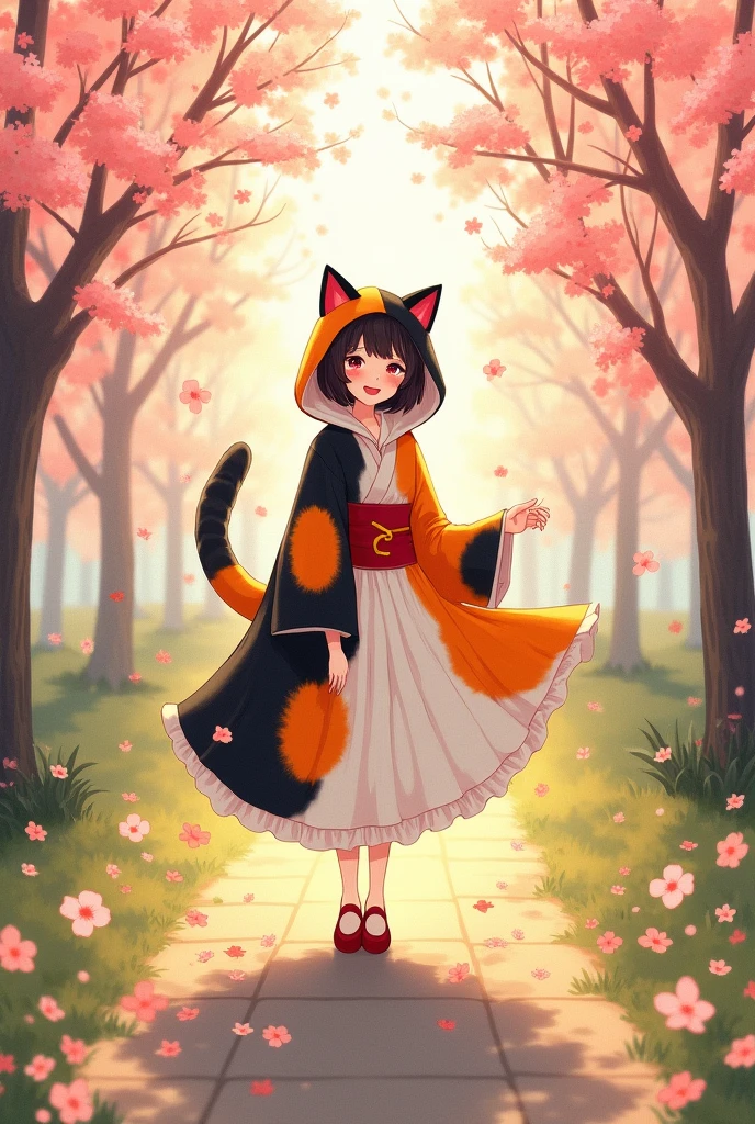 A Japanese woman who is wearIng a cat costume. The pattern of the costume surface should be the one for calico cat which has patches of white, black, and orange colors. Make it into a image, not photo like. Make the colors close to real calico cats. No cat face on the costume.