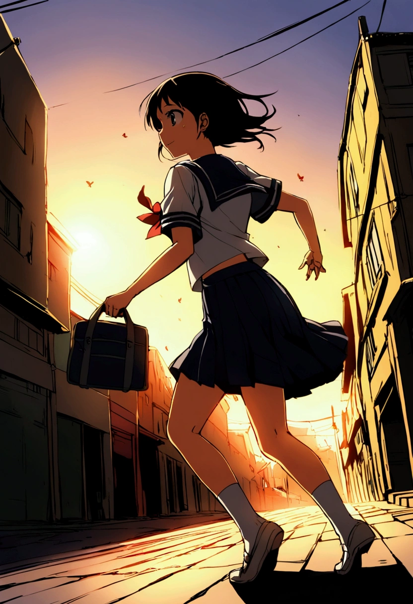 "A dynamic scene featuring a high-quality anime-style image of Usagi Tsukino from 'Sailor Moon' running in her summer school uniform. She is wearing her usual short-sleeved sailor uniform, with her school bag slung over her back. The image captures the moment she is about to trip, with one foot slightly off the ground and her arms flailing as she tries to regain her balance. The scene is filled with energy, showing her in a side view as she runs, with a slightly panicked expression on her face. The background is a bustling city street in the early morning, with motion blur effects to emphasize her speed and the urgency of the moment. The colors are vibrant, and the lighting captures the early morning sunlight, adding a soft glow to the scene."