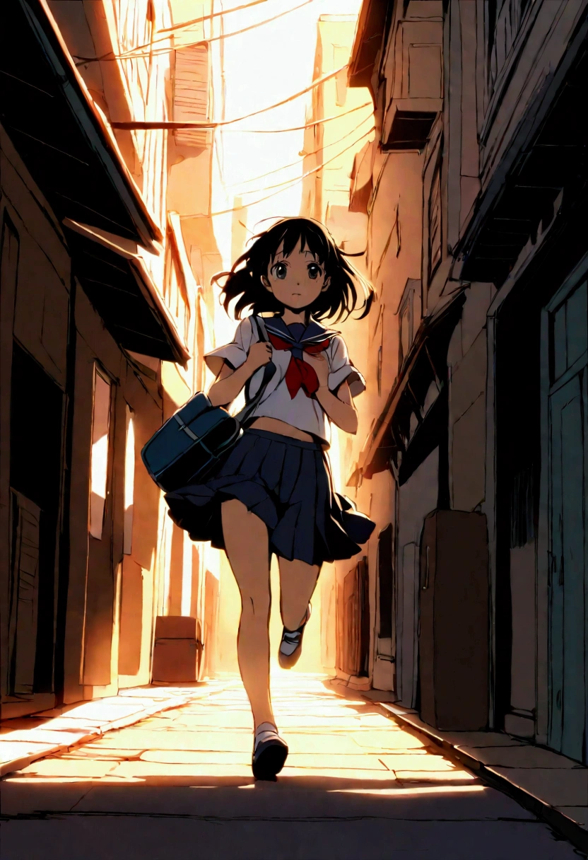 "A dynamic scene featuring a high-quality anime-style image of Usagi Tsukino from 'Sailor Moon' running in her summer school uniform. She is wearing her usual short-sleeved sailor uniform, with her school bag slung over her back. The image captures the moment she is about to trip, with one foot slightly off the ground and her arms flailing as she tries to regain her balance. The scene is filled with energy, showing her in a side view as she runs, with a slightly panicked expression on her face. The background is a bustling city street in the early morning, with motion blur effects to emphasize her speed and the urgency of the moment. The colors are vibrant, and the lighting captures the early morning sunlight, adding a soft glow to the scene."
