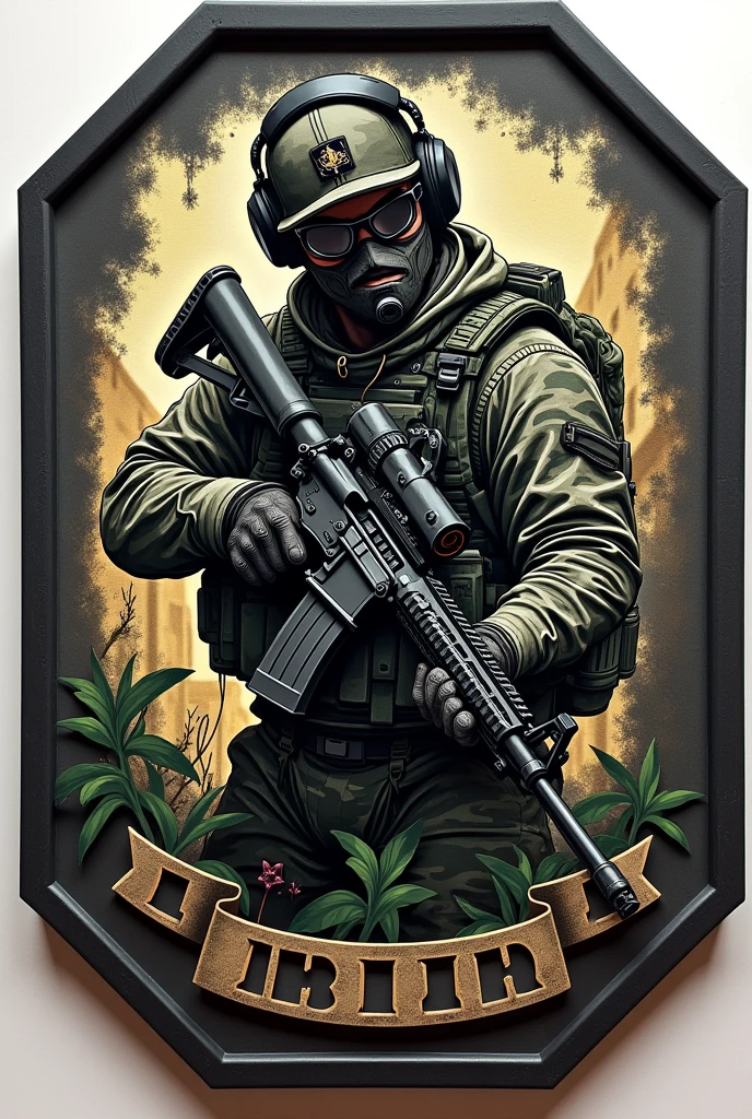 Clichê Patch emborrachado hexagonal, fundo camuflado,brasão militar com o nome Lukinha Airsoft, operador portando um rifle m4 de boné e headfone