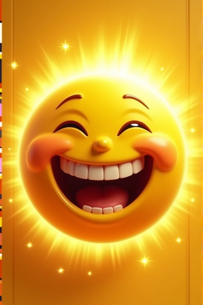 A round, yellow face with a wide, toothy grin. The eyes are crescent-shaped, conveying pure joy. The mouth is open in a big, happy laugh, revealing a row of perfect, white teeth. The face is surrounded by a halo of bright, golden light.