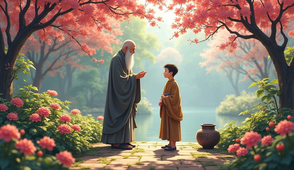 Old chinese monk master standing with his young monk desciple at beautiful garden and they are talking, in anime style, the pot placed at the edge of a flower bed,
