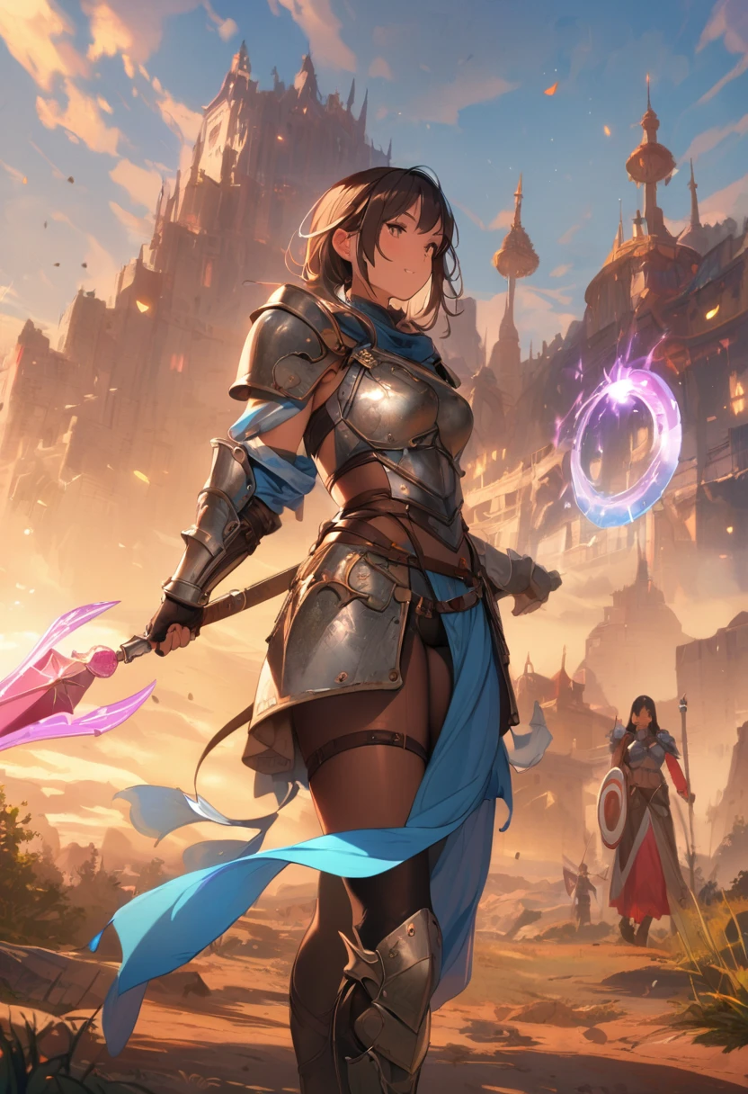 (masterpiece:1.4), (Highest quality:1.4), Very detailed, Complex, Very detailed, shape,Soft lighting, Scenic, Exquisitely designed armor, A woman with a lot of pride,character from RPG games, (character: human, Fairy), (exterior: Swordsman style, Shaman style, Skimpy Armor, Blue cloth), (belongings: Long sword, dagger, Holy Staff, Magic wand, shield, metal armor, Leather Armor), Perfectly accurate anatomical shape、All limbs are intact、Perfect Full Finger, Colorful characters, Landscape colored in earth tones, Huge, Majestic, female knight, Expression that brings excitement,