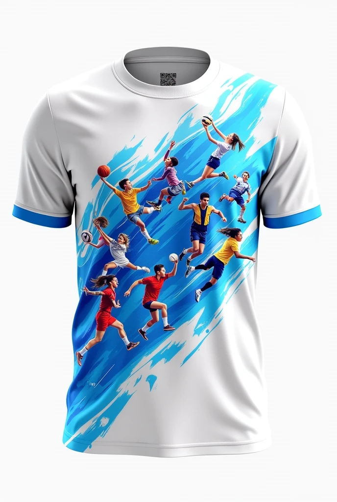 Make me a white shirt and the design infront is for our intramurals and thw theme is blue. The sports are basketball,volleyball,running,soccer. Make the design more interesting. Put some people doing the sports