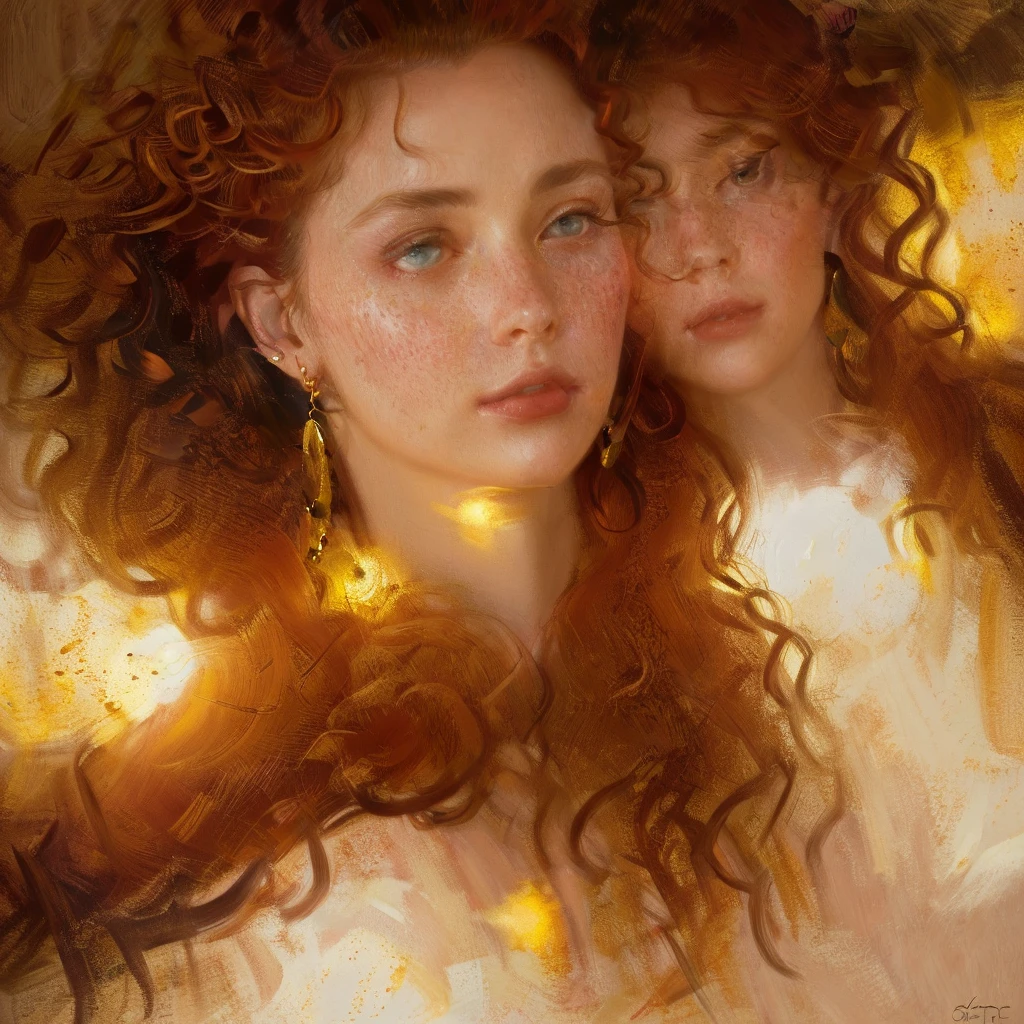 close-up shot of an adult woman, with curly red hair, simmetric (amber) eyes, (freckles), glossy lips, gold earrings, beautiful lights, iper-realistic, masterpiece, cinematic lighting, best quality, anatomically perfect.