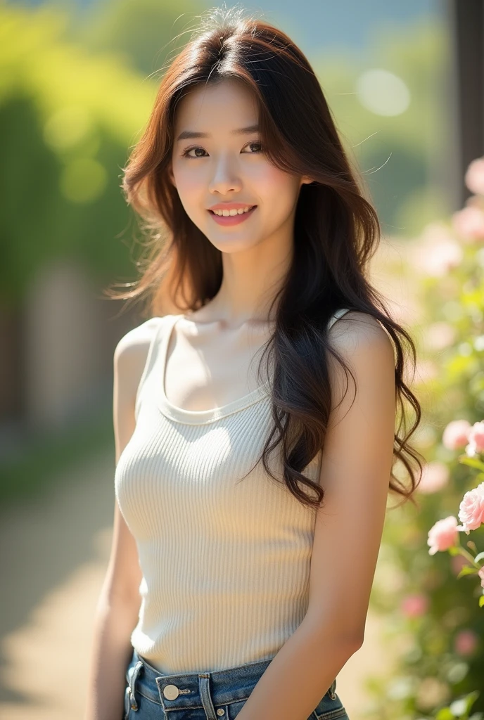 fot, Beautiful young woman, taken from a distance, that shows the whole body that everything appears, in garden, white blouse and denim mini skirt, sexly, white color, long brown hair, a softened wry smile - contained excited happiness, soft lighting on the face, realistic skin-hair textures, sky blue eyes-mist, beautiful real textures and delicate aesthetics, seeing yourself in full body, remarkable tribute to the natural feminine beauty of the body, noise, 8 k quality, FOTO RAW, by professional photographer, rule of thirds, Extremely Detailed