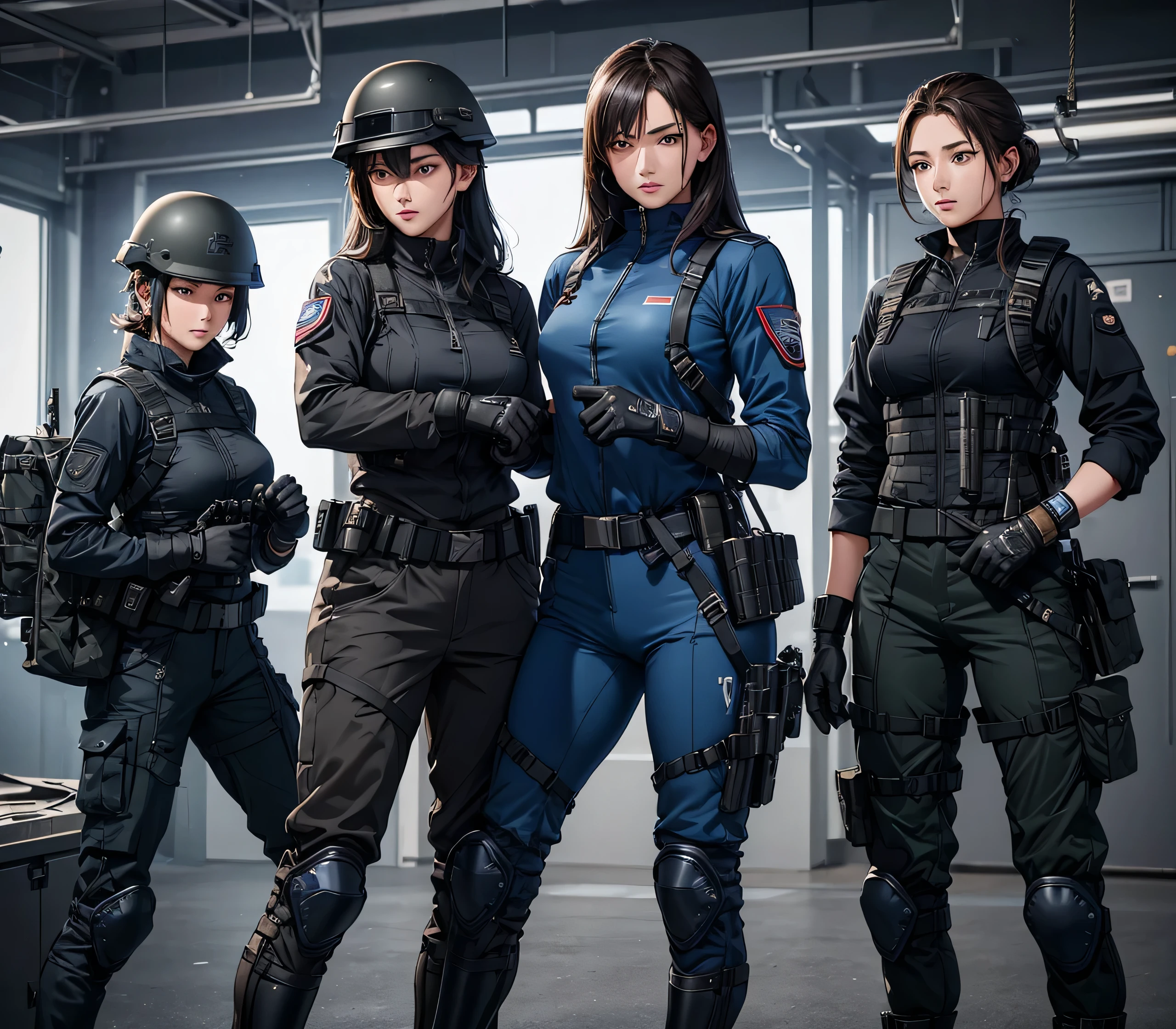 Three female special forces soldiers in dark blue military uniforms,Boxing Stance,Unarmed Combat,Wear a steel helmet、Tactical gloves、Magazine Pouch、Tactical harness、Military Pants、Knee pads,Write details、masterpiece、best quality、Highly detailed CG、8K picture quality