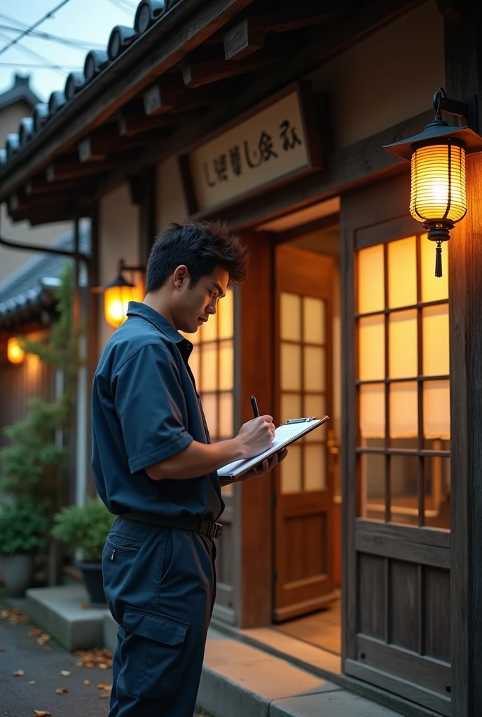 In front of the entrance of an old Japanese-style house、A delivery person writing a missed delivery slip。Man in his 30s。A little irritated。Side angle。Very close angle of view。Monkey Punch Wind。