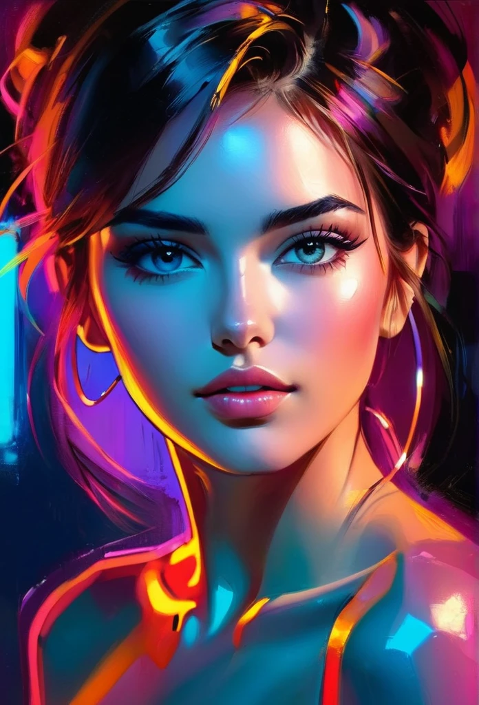 neon light, digital painting, perfect face, glossy skin, conceptual portrait 4k, dynamic lighting, super detail, detailed image, complex background, oil paint, style of Paul Kenton, Jim Mahfood, Henry Asensio,