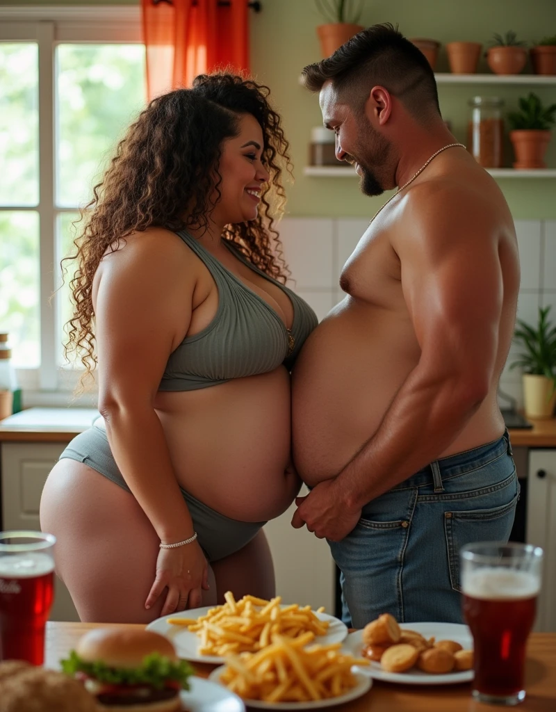 extremely morbidly obese woman, standing sideways, muscular man struggling to lift her heavy belly, ssbbw belly, unrealisticly fat belly, naked, severe stretch marks on belly, cellulites on thighs, looking exhausted, beautiful thin face, beautful long curly hair, huge fat natural breasts, sweating profusely, naked, twice as fat as humanly possible, (((belly fat rolls))), muffintop, 20 year old, unrealisticly extreme belly hang. belly hanging down to her knees, (((forcing cola can inside belly button))), standing infront of a table filled with fatty foods, looking excited at the food, ((belly fat resting on top of table)),