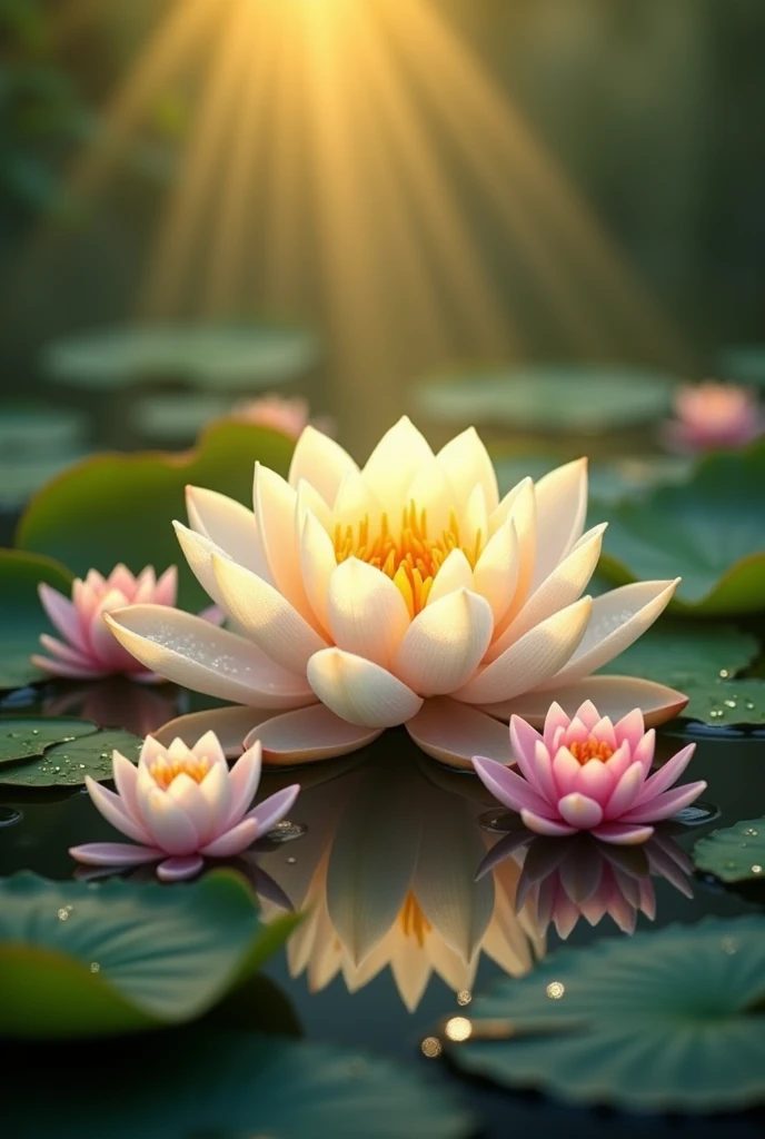 golden lotus, surrounded by six small lotus flowers, ultra high definition image quality -ar 3.4 --5 250